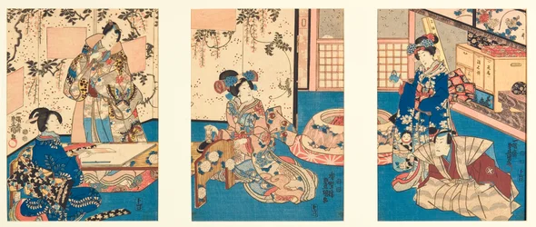 Tinte mahlen, um einen Antwortbrief zu schreiben, inspiriert vom Inaka Genji, 1851 (Holzschnitt)